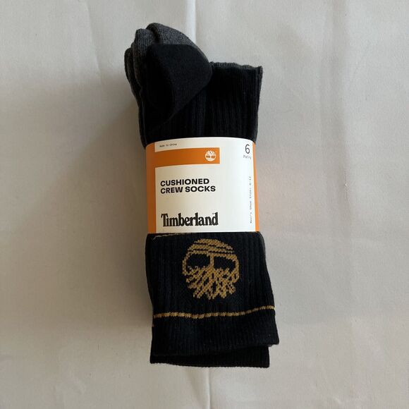 Timberland Mens Crew Sock Cushioned 6 Pair Shoe‎ Size 6-12 Black & Gray - Picture 1 of 3